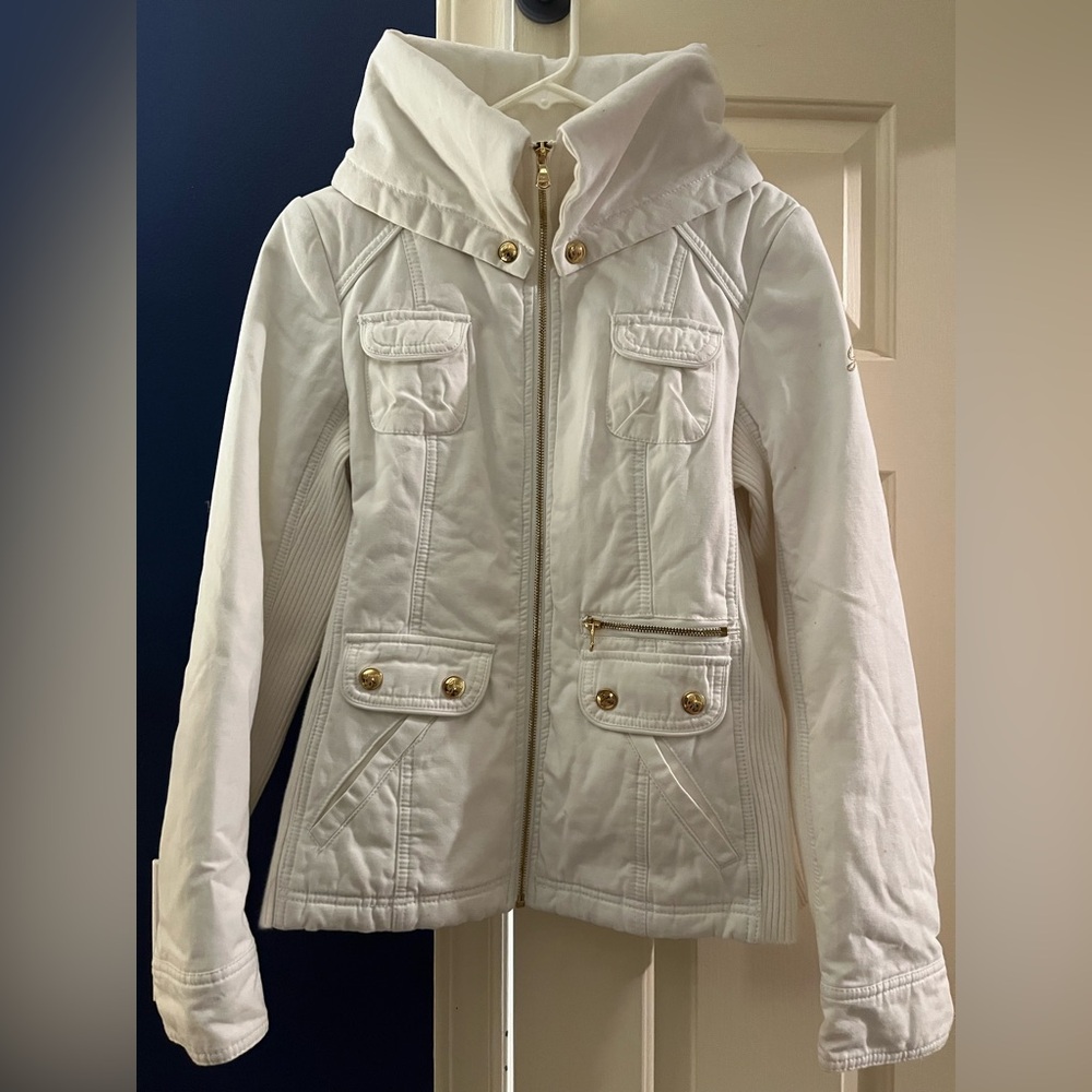 Guess Women's White Utility Jacket with Gold Accents